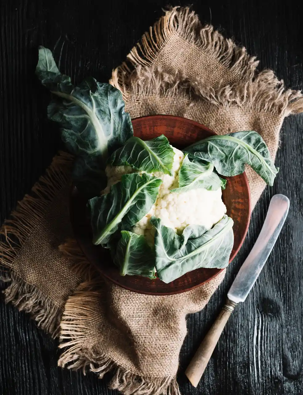 Cauliflower on burlap fabric